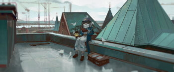 1girl ankle_boots bird blue_eyes boots brown_boots brown_hair clipboard crane_(machine) crow_yayu dress full_body grey_hat hashtag-only_commentary hat highres holding holding_clipboard holding_pen house lantern long_dress long_hair marcus_(reverse:1999) newsboy_cap outdoors overcast pen reverse:1999 scarf scenery sitting sky socks solo suitcase white_bird white_dress white_scarf white_socks writing