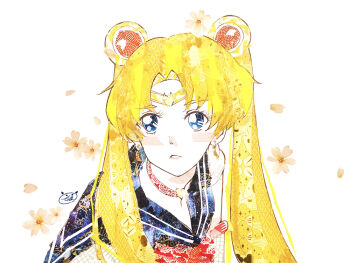 1girl abstract bishoujo_senshi_sailor_moon blonde_hair blue_eyes blue_sailor_collar cathinthecloud choker commentary double_bun english_commentary flower gold_tiara hair_bun heart heart_choker light_blush light_frown long_hair looking_at_viewer masking_tape_(medium) meme mixed_media neckerchief orange_flower portrait red_choker red_neckerchief sailor_collar sailor_moon sailor_moon_redraw_challenge_(meme) sailor_senshi_uniform school_uniform serafuku shirt signature solo traditional_media twintails unconventional_media white_background white_shirt