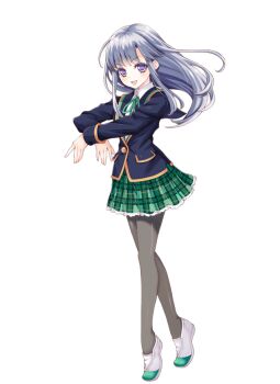 1girl ballerina black_pantyhose crossed_arms full_body girlfriend_(kari) green_ribbon green_skirt grey_hair jacket looking_at_viewer miniskirt neck_ribbon official_art open_mouth pantyhose plaid_clothes plaid_skirt pleated_skirt purple_eyes qp:flapper ribbon school_uniform shirt shoes simple_background skirt smile solo thighs tiptoes transparent_background uwabaki white_shirt yulia_valkova