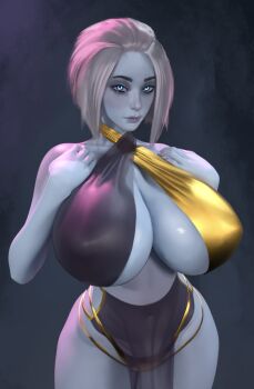 1girl absurdres alien alternate_breast_size_(larger) alternate_costume bare_shoulders blue_eyes blue_skin bra breasts cleavage cleavage_cutout clothing_cutout colored_skin curvy destiny_(game) eyeshadow glowing glowing_eyes highres huge_breasts looking_at_viewer makeup mara_sov popogori revealing_clothes short_hair solo thick_thighs thighs underwear
