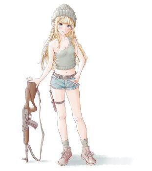 1girl absurdres beanie belt blonde_hair blush breasts character_request cleavage closed_mouth collarbone denim denim_shorts full_body gun hat highres knife lips long_hair looking_at_viewer momo_oddeye navel shorts simple_background smile solo thigh_strap weapon white_background