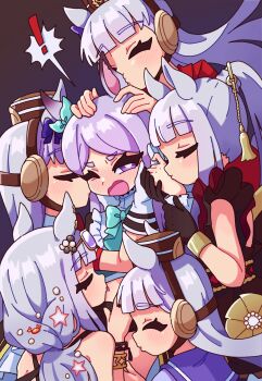 ! 6+girls absurdres animal_ears aqua_bow aqua_bowtie armband asymmetrical_dress asymmetrical_gloves bare_shoulders black_dress black_gloves black_jacket black_one-piece_swimsuit blunt_bangs blush bow bowtie breasts brown_hat casual_one-piece_swimsuit closed_eyes closed_mouth coat dress ear_bow ear_ornament ear_ribbon evening_gown eyewear_on_head frilled_coat frills gloves gold_ship_(casual)_(umamusume) gold_ship_(la_mode_564)_(umamusume) gold_ship_(red_strife)_(umamusume) gold_ship_(run_revolt_launcher)_(umamusume) gold_ship_(umamusume) grey_hair hat highres horse_ears horse_girl jacket jewelry kiss kissing_cheek kissing_hand kissing_stomach kissing_thigh kitnoko lace lace_gloves long_hair long_sleeves mejiro_mcqueen_(frontline_elegance)_(umamusume) mejiro_mcqueen_(umamusume) midriff multiple_girls navel official_alternate_costume official_alternate_hairstyle one-piece_swimsuit one_eye_closed open_mouth pillbox_hat ponytail purple-tinted_eyewear purple_bow purple_eyes purple_hair purple_sailor_collar purple_shirt red_dress red_jacket sailor_collar sailor_shirt school_uniform shirt sleeveless sleeveless_dress speech_bubble striped_armband striped_clothes sunglasses swimsuit tinted_eyewear tongue tongue_out tracen_school_uniform umamusume white_gloves yellow-framed_eyewear