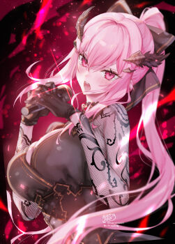 1girl absurdres black_dress black_gloves black_ribbon blunt_bangs breasts cleavage commentary dress english_commentary gloves hair_ribbon highres holding holding_microphone hololive hololive_english kamiya_maneki lace lace_sleeves large_breasts long_hair looking_at_viewer microphone mori_calliope mori_calliope_(grimoire) official_alternate_costume official_alternate_hairstyle open_mouth pink_eyes pink_hair ponytail ribbon sidelocks solo very_long_hair virtual_youtuber