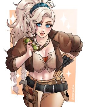 1girl absurdres artist_name blonde_hair blue_eyes blush braid breasts brown_jacket brown_pantyhose cleavage cowboy_shot crop_top cropped_jacket dangerousbride gemma_(monster_hunter_wilds) goggles goggles_around_neck hair_tie hammer hand_on_own_hip highres jacket jewelry large_breasts long_hair midriff monster_hunter_(series) monster_hunter_wilds navel necklace pantyhose parted_lips ponytail pouch side_braid solo sparkle thigh_pouch white_background