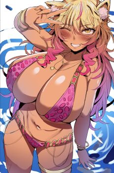 absurdres animal_ears animal_print bell bikini blonde_hair blush bracelet breasts cleavage dark-skinned_female dark_skin fate/grand_order fate_(series) fox_ears gradient_hair highres huge_breasts jewelry legband leopard_print micro_bikini multicolored_hair navel necklace one_eye_closed pink_hair sawayuzu sidelocks smile suzuka_gozen_(fate) suzuka_gozen_(swimsuit_rider)_(fate) suzuka_gozen_(swimsuit_rider)_(second_ascension)_(fate) swimsuit tan v water yellow_eyes