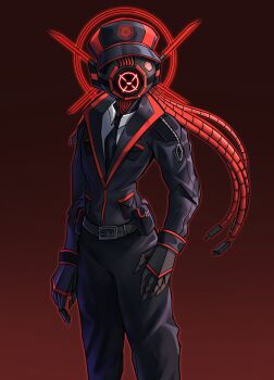 Rule 34 | 1other, ambiguous gender, belt, black jacket, black necktie, character request, collared shirt, contrapposto, cowboy shot, facing viewer, fake alex, hand on own hip, hat, highres, jacket, necktie, object head, pressure (roblox), shirt, textless version, white shirt