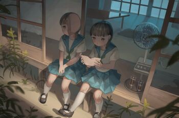 2girls blue_sailor_collar blue_skirt braid eating electric_fan green_neckwear hands_on_lap holding low_twin_braids multiple_girls original plant porch reflection sailor_collar school_uniform shoes sitting skirt sliding_doors socks table tensen_(dotted_line) twin_braids what
