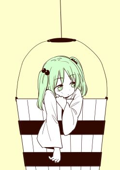 Rule 34 | 1girl, absurdres, bucket, commentary request, green eyes, green hair, hair bobbles, hair ornament, highres, in bucket, in container, japanese clothes, kimono, kisume, long sleeves, oninamako, simple background, solo, touhou, wide sleeves, wooden bucket, yellow background
