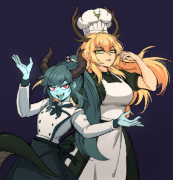 absurdres apron blonde_hair chef_hat demon_girl demon_horns dragon_girl dragon_tail dungeon_munchies green_eyes hat highres horns ponytail red_eyes scofa tail