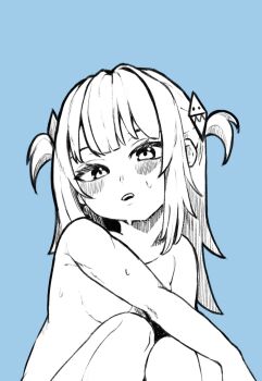 1girl blue_background blush commentary convenient_censoring english_commentary gawr_gura hair_ornament head_tilt highres hololive hololive_english knees_up lavacacticus long_hair looking_at_viewer monochrome nude open_mouth practicing shark_hair_ornament short_twintails simple_background sketch solo sweat twintails virtual_youtuber