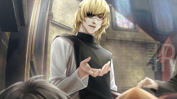 Rule 34 | 1boy, 2others, artist logo, badeni, black tabard, blonde hair, chi.: chikyuu no undou ni tsuite, eyepatch, highres, indoors, iorbtyn, logo, male focus, medium hair, multiple others, scar, scar on face, scar on mouth, scar on nose, tabard, tonsure, upper body