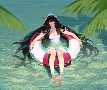 Rule 34 | 1girl, afloat, barefoot, black hair, breasts, buoy, closed eyes, columbina (genshin impact), feather hair ornament, feathers, genshin impact, hair ornament, highres, light smile, long hair, multicolored hair, purple hair, small breasts, swimsuit, very long hair, water, yumicowyvern