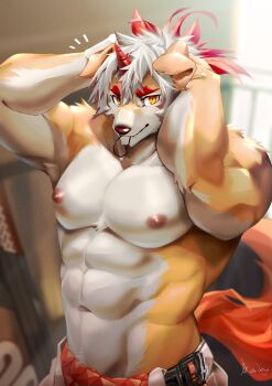 1boy abs absurdres animal_ears arknights artist_collaboration bara commentary_request furry furry_male hair_tie_in_mouth highres horns hung_(arknights) ig1119 looking_at_viewer male_focus mouth_hold mythological_creature notice_lines omochi_kuitai pectorals ponytail shield signature single_horn tail topless_male tying_hair