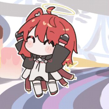 1girl ^_^ animated animated_gif arknights arms_up blush chibi chibi_only closed_eyes detached_wings energy_wings exusiai_(arknights) exusiai_the_new_covenant_(arknights) halo happy jumping long_hair lowres red_hair solo traditional_halo wings xiguadudepaozhi