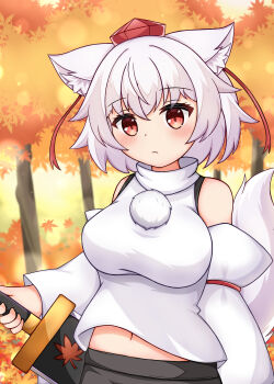 1girl absurdres animal_ear_fluff animal_ears asutoral bare_shoulders belly blush breasts closed_mouth commentary_request detached_sleeves facing_viewer hat high_collar highres holding holding_sword holding_weapon inubashiri_momiji large_breasts large_tail leaf long_sleeves looking_at_viewer maple_leaf navel pom_pom_(clothes) red_eyes red_hat short_hair standing sword tail tengu touhou tree weapon white_hair white_tail wolf_ears wolf_girl wolf_tail