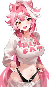 1girl animal_ear_fluff animal_ears breasts clothes_writing highleg highres hololive hololive_english hood hood_down hoodie large_breasts long_hair multicolored_hair navel open_mouth orange_eyes panther_ears panther_girl pink_hair pink_nails raora_panthera riffamo smile solo stomach streaked_hair sweat twitter_username virtual_youtuber white_background white_hair white_hoodie