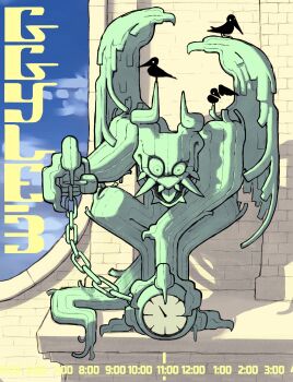 bird black_bird chain claws clock commentary demon demon_horns english_commentary gargoyle highres horns original statue timestamp tusks wings zals