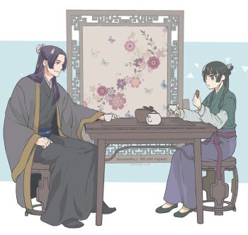 Rule 34 | 1boy, 1girl, beads, black robe, blue background, blue eyes, blunt bangs, border, bun cover, chair, chewing, commentary request, cup, eating, flats, freckles, full body, green hair, green shirt, hair bun, hair ribbon, half updo, highres, holding, holding cup, jinshi (kusuriya no hitorigoto), kusuriya no hitorigoto, long skirt, looking at another, maomao (kusuriya no hitorigoto), parted bangs, pink eyes, purple hair, purple skirt, ribbon, robe, shirt, sitting, skirt, smile, table, takehide, teacup, teapot, white border