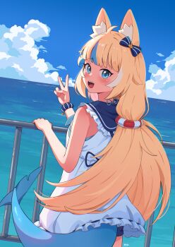 1girl :d absurdres animal_ears artist_name blonde_hair blue_bow blue_eyes blue_sailor_collar blue_shorts blue_sky blue_streaks blush bow cat_ears cloud commentary cowboy_shot dress dutch_angle fins fish_tail frilled_dress frilled_sailor_collar frills from_behind hair_bow hand_up highres indie_virtual_youtuber lifebuoy_hair_ornament long_hair looking_at_viewer looking_back mikeemyk1 multicolored_hair ocean open_mouth outdoors railing sailor_collar sailor_dress sameko_saba shark_tail short_dress shorts sky sleeveless sleeveless_dress smile solo standing streaked_hair striped_bow tail teeth turning_head upper_teeth_only v valentine very_long_hair virtual_youtuber white_dress white_streaks