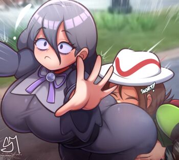 2girls absurdres anilingus anilingus_through_clothes artist_logo ass bags_under_eyes blurry blurry_background blush breasts brown_hair closed_eyes closed_mouth constricted_pupils cowboy_shot day dress earrings embarrassed eyebrows_hidden_by_hair eyelashes face_in_ass female_focus female_rimming_female from_above from_side goth_fashion grabbing_another&#039;s_ass green_jacket groping harmony_(pokemon) hat hex_maniac_(pokemon) hex_maniac_(pokemon_legends:_z-a) highres huge_ass huge_breasts jacket jewelry leaning_forward logo long_hair looking_afar matching_hair/eyes multiple_girls nintendo outdoors pantylines pokemon pokemon_legends:_z-a purple_eyes purple_hair semi_draws smelling smelling_ass surprised upper_body white_hat yuri