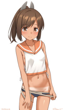 1girl blue_one-piece_swimsuit brown_eyes brown_hair clothes_pull dark-skinned_female dark_skin dated i-401_(kancolle) kantai_collection medium_hair navel one-hour_drawing_challenge one-piece_swimsuit one-piece_swimsuit_pull orange_sailor_collar ponytail ray.s sailor_collar school_swimsuit short_ponytail side-tie_shirt simple_background smile solo swimsuit swimsuit_under_clothes tan tanline twitter_username white_background