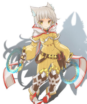 1girl animal_ear_fluff animal_ears arched_bangs belt boots cat_ears facial_mark gloves grey_hair highres hood jumpsuit nia_(xenoblade) pear-shaped_figure short_hair smile solo usakumapo_nano white_gloves xenoblade_chronicles_(series) xenoblade_chronicles_2 yellow_eyes yellow_jumpsuit