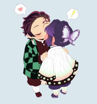 &gt;_&lt; 1girl :3 :d belt blue_butterfly blush boar_mask bug butterfly checked_clothes checkered_haori checkered_sash chibi chibi_inset closed_eyes demon_slayer_uniform earrings full_body gag gradient_hair hanafuda hanafuda_earrings hands_up haori insect japanese_clothes jewelry kamado_tanjirou kimetsu_gakuen kimetsu_no_yaiba kimono kochou_shinobu multicolored_hair open_mouth parted_bangs pkhoahue purple_butterfly purple_hair scar scar_on_face scar_on_forehead simple_background smile updo white_background white_belt