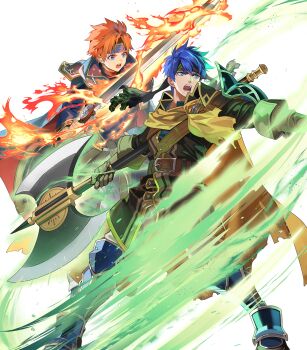 2boys attack axe battle_axe blue_eyes blue_hair cape cosplay eliwood_(fire_emblem) eliwood_(fire_emblem)_(cosplay) fire fire_emblem fire_emblem:_path_of_radiance fire_emblem:_the_binding_blade fire_emblem_heroes flaming_weapon greatsword greil greil_(cosplay) highres holding holding_axe holding_sword holding_weapon ike_(brave_mercenary)_(fire_emblem) ike_(fire_emblem) maid_headdress male_focus multiple_boys nintendo non-web_source official_alternate_costume official_art open_mouth red_hair roy_(brave_lion)_(fire_emblem) roy_(fire_emblem) sword two-sided_cape two-sided_fabric weapon wind
