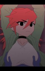 1boy 1girl angry animated annoyed arms_up black_choker blinking blooregard_q_kazoo blue_skin breasts choker colored_skin creature ear_piercing earrings eye_visible_through_hair eyes_visible_through_hair foster's_home_for_imaginary_friends frankie_foster grabbing_another's_breast groping hetero highres interspecies jewelry kyde large_breasts medium_breasts paizuri paizuri_under_clothes piercing pov red_hair shirt tagme upper_body video white_shirt