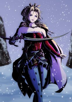 Rule 34 | 1girl, blade43883059, blonde hair, breasts, cleavage, cowboy shot, detached sleeves, dress, feet out of frame, final fantasy, final fantasy vi, hair ribbon, highres, holding, holding sword, holding weapon, long hair, looking at viewer, medium breasts, outdoors, pantyhose, parted bangs, ponytail, print pantyhose, red dress, red sleeves, ribbon, sash, short dress, snow, snowing, solo, strapless, strapless dress, sword, tina branford, tube dress, waist sash, weapon