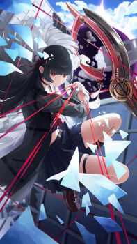 1girl absurdres arm_cutout black_choker black_hair black_jacket black_skirt black_socks blue_sky bright_pupils brown_shoes chisa_(wuthering_waves) choker clothing_cutout commentary_request day floating_hair glass_shards hair_ribbon hakone_(okome_0141_jp) highres holding holding_sword holding_weapon jacket loafers long_hair long_sleeves looking_at_viewer midair midriff mole mole_under_eye navel neckerchief outdoors parted_lips partial_commentary red_eyes red_neckerchief red_ribbon ribbon sailor_collar shoes skirt sky socks solo sword tacet_mark_(wuthering_waves) weapon white_pupils white_sailor_collar wuthering_waves