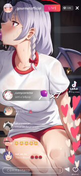 1girl absurdres aru_(blue_archive) black_wings blue_archive bra_visible_through_clothes braid buruma chat_log dialogue_box doodle_sensei_(blue_archive) english_text eyewear_on_head facing_away fake_phone_screenshot fake_screenshot flushed_face_emoji grey_hair gym_shirt gym_uniform halo haruna_(blue_archive) haruna_(track)_(blue_archive) heart highres implied_fellatio kion-kun livestream looking_to_the_side official_alternate_costume red_buruma red_eyes red_halo sakurako_(blue_archive) sensei_(blue_archive) shirt side_braid single_wing tiktok user_interface wet wet_clothes wet_shirt wings yuuka_(blue_archive)