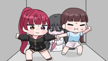 Rule 34 | 3girls, :t, anchor, black hair, black jacket, blue shirt, blush stickers, brown eyes, brown hair, brown shoes, chibi, closed eyes, closed mouth, closed umbrella, elevator, ghost, grey skirt, hair between eyes, heterochromia, highres, holding, holding hands, holding umbrella, hololive, hood, hood down, hooded jacket, houshou marine, houshou marine (summer), indoors, jacket, long hair, long sleeves, low ponytail, mochimiko, multiple girls, outstretched arms, pink umbrella, ponytail, puffy long sleeves, puffy sleeves, red eyes, red hair, shirt, shoes, short sleeves, skirt, spread arms, sweat, trembling, umbrella, very long hair, virtual youtuber, wavy mouth, white shoes