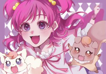 Rule 34 | 1girl, animal, argyle background, blurry, border, bug, butterfly, coco (yes! precure 5), cowboy shot, depth of field, eyelashes, floating clothes, floating hair, fox, frilled shirt, frilled skirt, frills, hair bobbles, hair ornament, happy, highres, insect, layered shirt, layered sleeves, light blush, long hair, long sleeves, looking ahead, mer (zo no 00), miniskirt, neck ribbon, nuts (yes! precure 5), open mouth, outside border, pink butterfly, pink hair, pink ribbon, pink shirt, pleated skirt, precure, purple background, purple border, purple eyes, purple skirt, ribbon, running, shirt, short over long sleeves, short sleeves, skirt, smile, squirrel, swept bangs, tareme, two-tone background, two side up, watch, white background, white shirt, wristwatch, yes! precure 5, yumehara nozomi