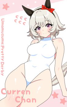 1girl animal_ears arm_rest arm_support armpit_crease bare_shoulders blush bow breasts commentary_request covered_navel curren_chan_(umamusume) ear_bow ear_covers grey_hair hair_between_eyes heattech_leotard highleg highleg_leotard highres horse_ears horse_girl horse_tail legs_together leotard looking_at_viewer nekosensei purple_eyes red_bow short_hair simple_background sleeveless sleeveless_turtleneck smile solo tail taut_leotard thighs turtleneck umamusume umamusume:_road_to_the_top white_background white_leotard