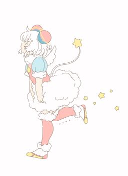 1girl absurdres ahoge angel_wings blue_sleeves boots bubble_skirt character_name commentary_request expressionless flat_color from_side full_body fur-trimmed_boots fur-trimmed_sleeves fur-trimmed_socks fur_scarf fur_skirt fur_trim fuwa_(precure) grey_eyes hair_ornament highres mini_wings miniskirt multicolored_boots over-kneehighs parted_lips pink_boots pink_shirt pink_socks planet_hair_ornament pointy_nose precure puffy_short_sleeves puffy_sleeves running scarf shirt short_hair short_sleeves sidelocks simple_background skirt socks solo star_(symbol) star_twinkle_precure tail takahoshi_(yunch327) tareme thighhighs two-tone_boots white_background white_boots white_hair white_scarf white_skirt white_wings wings