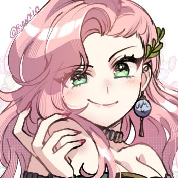 1girl artist_name breasts cleavage closed_mouth commentary commission earrings english_commentary fingernails green_eyes hand_up highres jewelry large_breasts long_hair looking_at_viewer nail_polish original pink_hair pink_nails portrait ryuuxin smile solo white_background