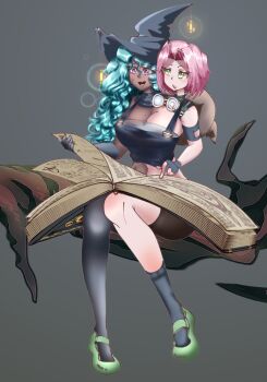 book breasts conjoined green_eyes hat highres holding holding_book large_breasts long_hair original pink_hair purple_eyes short_hair wizard_hat