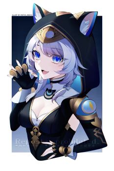 1girl animal_ears blue_eyes breasts cat_ears cat_girl cipher_(honkai:_star_rail) cleavage coin fang grey_hair highres honkai:_star_rail honkai_(series) looking_at_viewer medium_breasts miitzi_mochi open_mouth short_hair signature smile solo watermark yellow_nails