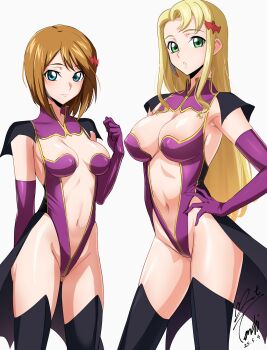 2girls areola_slip armpits black_thighhighs blonde_hair blue_eyes breasts brown_hair center_opening cleavage closed_mouth coattails code_geass commentary_request commission dated elbow_gloves frown gloves gluteal_fold green_eyes hair_ornament hairclip hand_on_own_hip highleg highleg_leotard highres large_breasts leotard liliana_vergamon long_hair looking_at_viewer marika_soresi medium_breasts multiple_girls navel parted_lips pixiv_commission purple_gloves purple_leotard revealing_clothes short_hair sidelocks signature simple_background thighhighs very_long_hair white_background yoo_tenchi