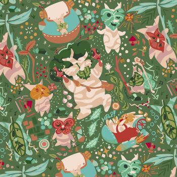 acorn arrow_(symbol) artist_name backpack bag commentary english_commentary green_background hestu highres holding holding_instrument holding_maracas holding_violin instrument korok korok_seed leaf maracas mask nintendo no_humans pinwheel profkayton rocket the_legend_of_zelda the_legend_of_zelda:_tears_of_the_kingdom violin