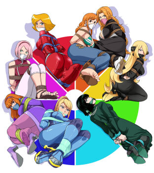 6+girls angry annoyed artistic_error ass bdsm bikini bikini_top_only bleach blonde_hair blue_bodysuit blue_eyes blue_pants blue_rope bodysuit bondage bound breasts brown_hair cleavage cleave_gag cloth_gag clover_(totally_spies) color_wheel_challenge cynthia_(pokemon) daphne_blake dress female_focus fubuki_(one-punch_man) full_body gag gagged glaring green_bikini green_dress green_eyes haruno_sakura highres improvised_gag kneeling large_breasts legs long_hair looking_at_viewer lost_one_zero lying matsumoto_rangiku medium_breasts metroid multiple_drawing_challenge multiple_girls nami_(one_piece) nami_(one_piece)_(return_to_sabaody) naruto_(series) nintendo official_alternate_costume one-punch_man one_piece one_shoe_removed orange_eyes orange_hair over_the_nose_gag pants pantyhose pink_hair pokemon pokemon_dppt purple_dress purple_pantyhose red_bodysuit rope samus_aran sandals scooby-doo shibari single_bare_foot striped_bikini striped_clothes super_smash_bros. swimsuit thighs toes totally_spies tsurime v-shaped_eyebrows zero_suit