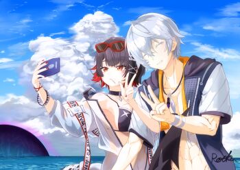 1boy 1girl abs alternate_costume arm_hug artist_name bare_shoulders bikini black_bikini black_hair blue_sky blue_wetsuit bracelet breasts candy cellphone closed_eyes cloud collarbone colored_inner_hair commentary_request ellen_joe eyewear_on_head fins fish_tail food grey_hair hair_between_eyes hetero highres holding holding_phone hollow_(zenless_zone_zero) jacket jewelry lollipop lollipop_in_mouth medium_breasts mole mole_under_eye multicolored_hair navel necklace ocean off_shoulder official_alternate_costume outdoors pendant_choker phone print_bikini razor_blade_hair_ornament red-framed_eyewear red_eyes red_nails rook_(rookro) scar scar_on_tail see-through_clothes selfie shark_girl shark_tail short_hair sky stomach sunglasses swimsuit tail taking_picture tinted_eyewear towel towel_around_neck unzipped v w water white_jacket wise_(peaceful_waves)_(zenless_zone_zero) wise_(zenless_zone_zero) wristband zenless_zone_zero