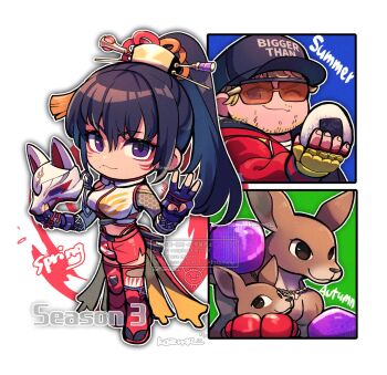 1boy 1girl beard_stubble black_hair black_hat blonde_hair bob_(tekken) boxing_gloves chibi chibi_only commentary_request facial_hair food fox_mask hat highres holding holding_mask kangaroo kotomaru_(kotokoto_kottan) kunimitsu_ii long_hair mask middle_w midriff one_eye_closed onigiri ponytail purple_eyes roger's_wife_(tekken) roger_jr. short_hair stubble sunglasses tekken tekken_8 w watermark white_background