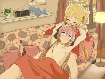 2girls absurdres ahoge ariita-san blonde_hair blue_eyes blue_ribbon bocchi_the_rock! bottle closed_eyes commentary_request crossover cuddling cup drinking_glass drunk highres holding holding_cup ijichi_nijika kamiina_botan kamiina_botan_yoeru_sugata_wa_yuri_no_hana lamp multiple_girls open_mouth pink_hair red_ribbon red_shirt ribbon shirt side_ponytail stuffed_animal stuffed_shark stuffed_toy suzushiro_sayumi sweatdrop two_side_up voice_actor_connection yuri