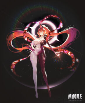 1girl absurdres bodysuit breasts cleavage cosplay covered_navel goddess_of_victory:_nikke hair_between_eyes highres horns kyudong. large_breasts long_hair looking_at_viewer mechanical_horns multicolored_bodysuit nayuta_(nikke) nayuta_(nikke)_(cosplay) nayuta_(wu_wei)_(nikke) open_mouth red_hair red_hood_(nikke) red_scarf scarf solo space_skin two-tone_bodysuit very_long_hair yellow_eyes