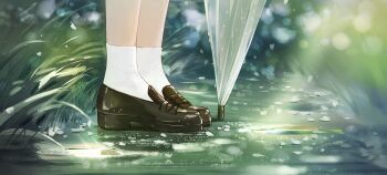 brown_shoes dappled_sunlight grass highres morimori_(14292311) original petals rain shoes socks sunlight umbrella white_petals white_socks