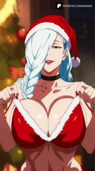 1girl araneesama blurry blurry_background braid breasts christmas collarbone commentary english_commentary fur-trimmed_headwear fur_trim grey_hair hair_over_one_eye hat jujutsu_kaisen large_breasts looking_at_viewer mei_mei_(jujutsu_kaisen) patreon_logo patreon_username red_hat santa_hat solo