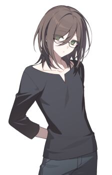 1girl arm_behind_back black-framed_eyewear black_pants black_shirt brown_hair closed_mouth collarbone commentary_request eyes_visible_through_hair glasses hair_over_one_eye hijiri_(resetter) long_sleeves nao_(hijiri) original pants semi-rimless_eyewear shirt simple_background solo under-rim_eyewear white_background