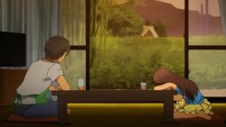 1boy 1girl age_difference animated anime_screenshot apron ass bare_shoulders brown_eyes brown_hair censored couch cum cum_in_mouth cum_on_tongue ejaculation english_text erection fellatio gokkun hair_ornament hand_on_another&#039;s_head hands_on_another&#039;s_head hetero highres irrumatio kneeling licking licking_penis licking_testicle living_room loli long_hair mosaic_censoring open_mouth oral panties penis pumping sayama_chie shoujo_ramune skirt sound subtitled tagme tan tank_top tanline tears testicles tongue tongue_out underwear video x_hair_ornament yogurt